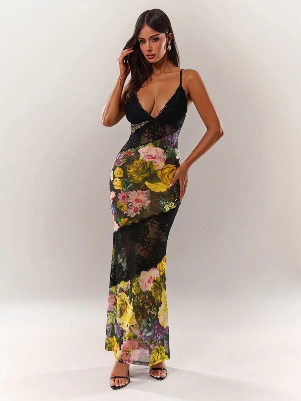 Elegant Women's floral Lace Mesh Bodycon maxi Dress - Picture 4 of 7